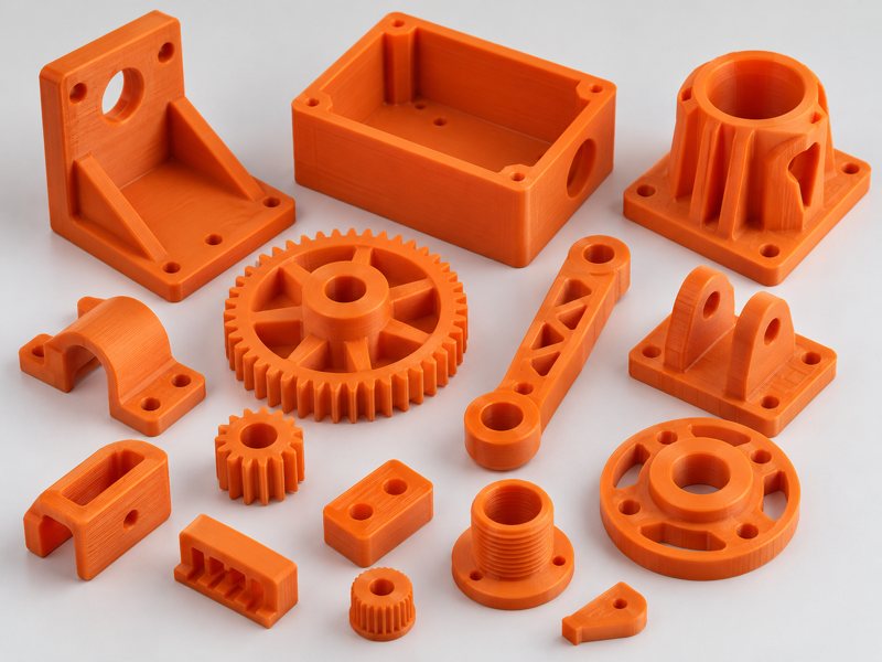 Pièces mécaniques orange imprimées en 3D : équerres, boîtier, engrenages, levier et brides